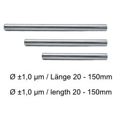 Messstifte / Prüfstifte aus Stahl nach Kundenwunsch mit einem Durchmesser von 0,100mm bis 40mm, einer Toleranz von +/-1µm und in Sonderlängen von 20mm bis 150mm.