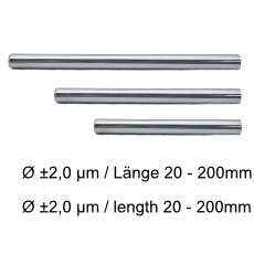 Messstifte / Prüfstifte aus Stahl nach Kundenwunsch mit einem Durchmesser von 0,10mm bis 50mm, einer Toleranz von +/-2µm und in Sonderlängen von 20mm bis 200mm.
