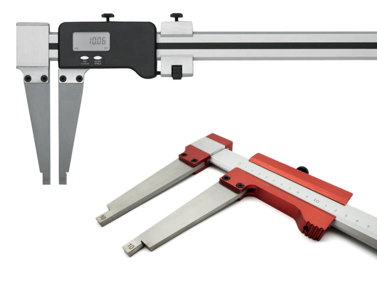 Analoge und digitale Präzisions-Messschieber ALINOX., 
Leichtbauweise mit Aluminium-Führungselementen sowie Messschnäbeln aus rostfreiem, gehärtetem Stahl. Messbereiche standardmäßig bis 4000 mm. Digitale Messschieber mit Sylvac-Elektronik und Datenausgang. Auch erhältlich mit beidseitig verschiebbaren Messschenkeln.